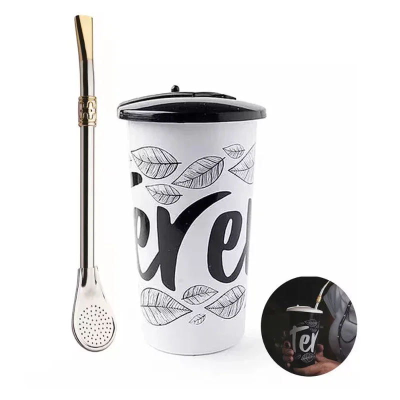 Kit Bomba Chimarrão 23cm Aço Niquelado Anel Cuia + Copo Plástico Tererê Tampa 450ml - Taumer